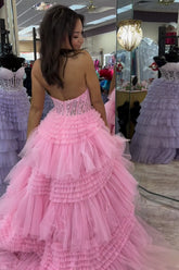 Pink Halter Neck Tulle A-Line Tiered Long Corset Prom Dress with Appliques